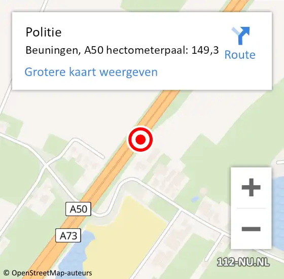Locatie op kaart van de 112 melding: Politie Beuningen, A50 hectometerpaal: 149,3 op 1 mei 2024 12:51