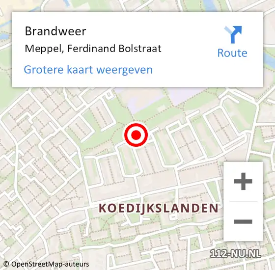 Locatie op kaart van de 112 melding: Brandweer Meppel, Ferdinand Bolstraat op 1 mei 2024 13:03