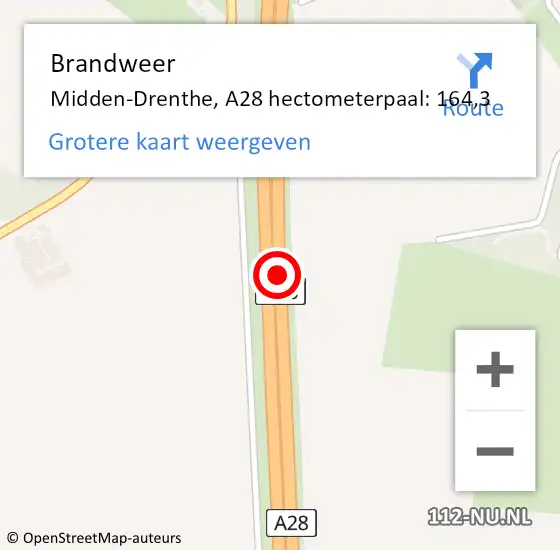 Locatie op kaart van de 112 melding: Brandweer Midden-Drenthe, A28 hectometerpaal: 164,3 op 1 mei 2024 13:30