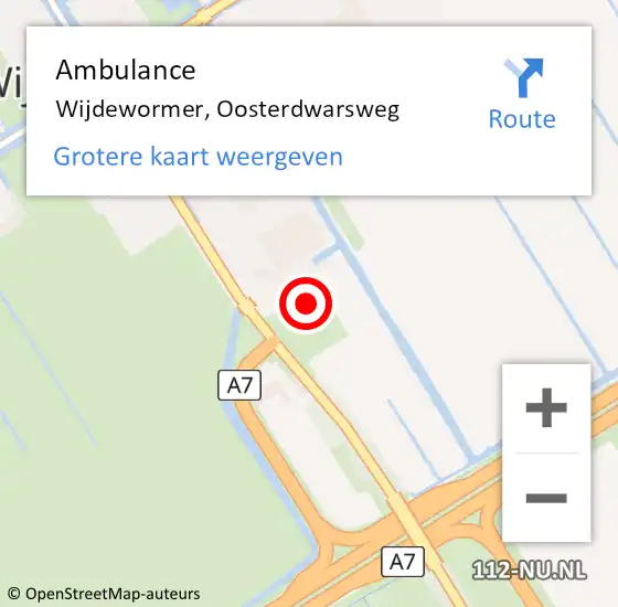 Locatie op kaart van de 112 melding: Ambulance Wijdewormer, Oosterdwarsweg op 1 mei 2024 14:47