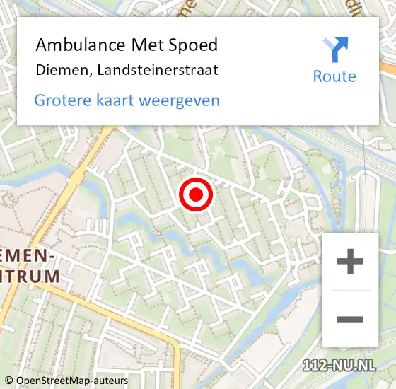 Locatie op kaart van de 112 melding: Ambulance Met Spoed Naar Diemen, Landsteinerstraat op 1 mei 2024 15:17