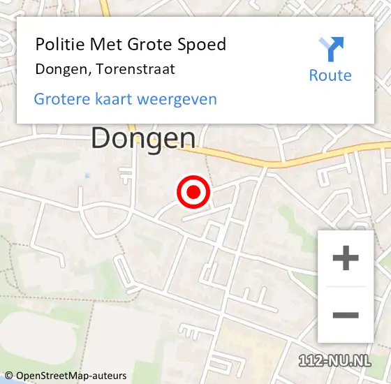 Locatie op kaart van de 112 melding: Politie Met Grote Spoed Naar Dongen, Torenstraat op 1 mei 2024 15:40