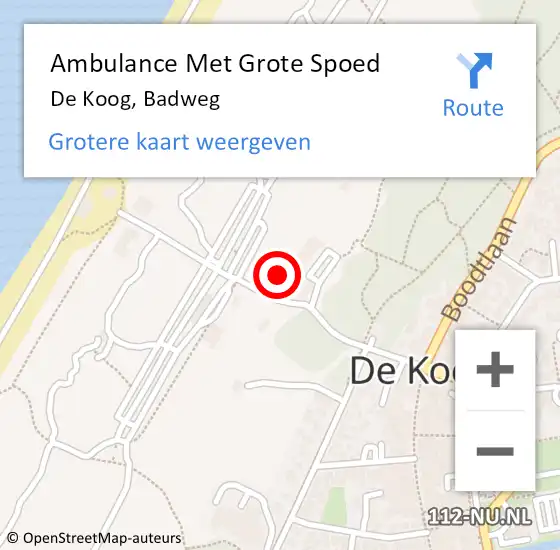 Locatie op kaart van de 112 melding: Ambulance Met Grote Spoed Naar De Koog, Badweg op 1 mei 2024 15:51