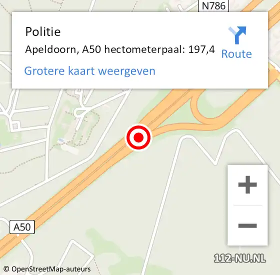 Locatie op kaart van de 112 melding: Politie Apeldoorn, A50 hectometerpaal: 197,4 op 1 mei 2024 16:03