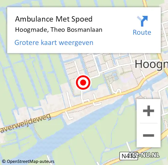 Locatie op kaart van de 112 melding: Ambulance Met Spoed Naar Hoogmade, Theo Bosmanlaan op 1 mei 2024 16:32
