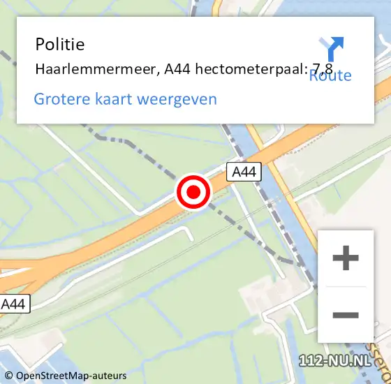 Locatie op kaart van de 112 melding: Politie Haarlemmermeer, A44 hectometerpaal: 7,8 op 1 mei 2024 16:57