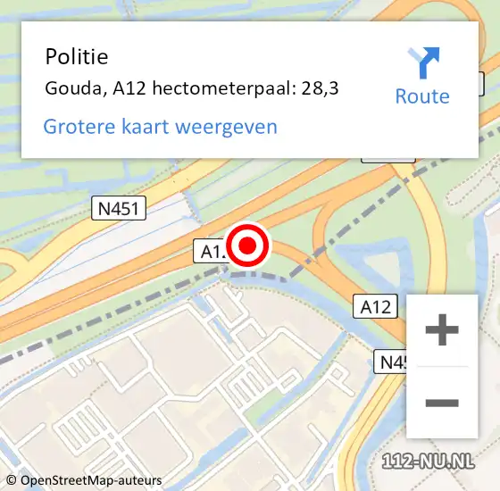 Locatie op kaart van de 112 melding: Politie Gouda, A12 hectometerpaal: 28,3 op 1 mei 2024 17:15