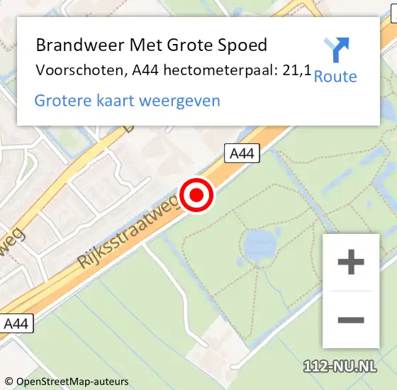 Locatie op kaart van de 112 melding: Brandweer Met Grote Spoed Naar Voorschoten, A44 hectometerpaal: 21,1 op 1 mei 2024 17:26