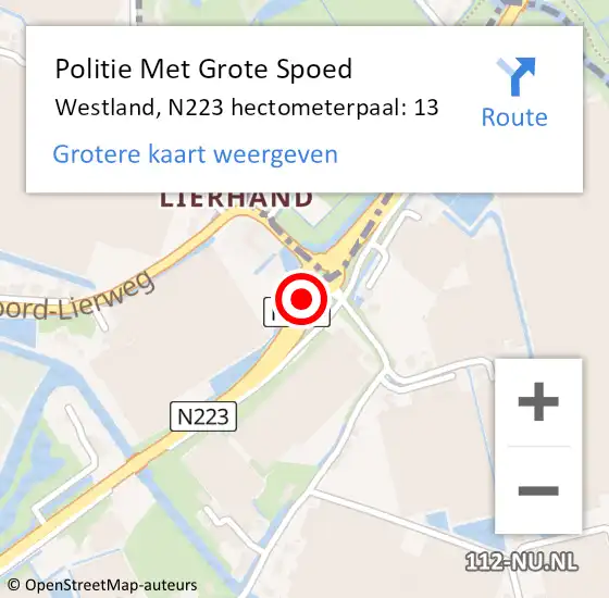 Locatie op kaart van de 112 melding: Politie Met Grote Spoed Naar Westland, N223 hectometerpaal: 13 op 1 mei 2024 17:38
