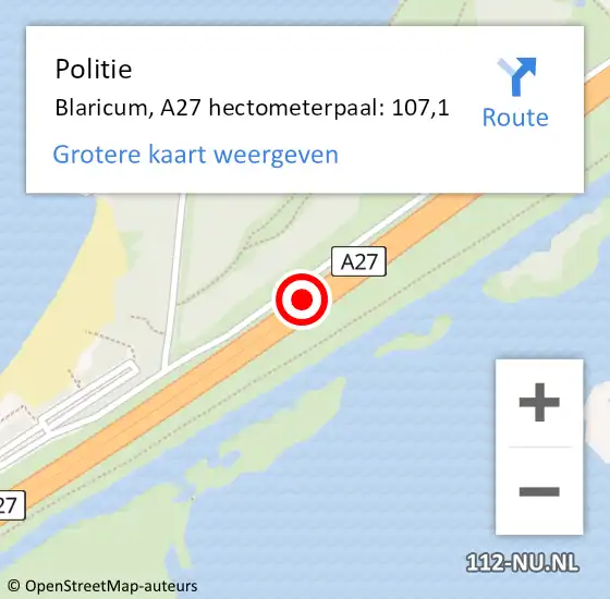 Locatie op kaart van de 112 melding: Politie Blaricum, A27 hectometerpaal: 107,1 op 1 mei 2024 17:48