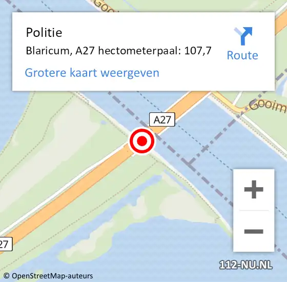 Locatie op kaart van de 112 melding: Politie Blaricum, A27 hectometerpaal: 107,7 op 1 mei 2024 17:48
