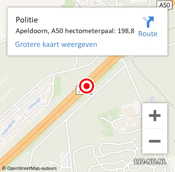 Locatie op kaart van de 112 melding: Politie Apeldoorn, A50 hectometerpaal: 198,8 op 1 mei 2024 18:18
