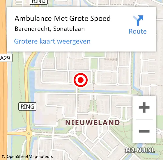 Locatie op kaart van de 112 melding: Ambulance Met Grote Spoed Naar Barendrecht, Sonatelaan op 1 mei 2024 18:43