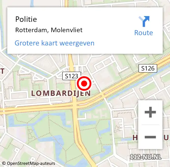 Locatie op kaart van de 112 melding: Politie Rotterdam, Molenvliet op 1 mei 2024 18:46