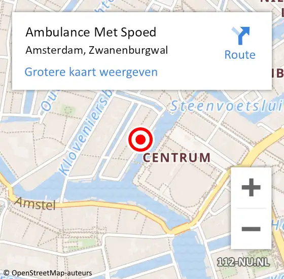 Locatie op kaart van de 112 melding: Ambulance Met Spoed Naar Amsterdam, Zwanenburgwal op 1 mei 2024 19:42