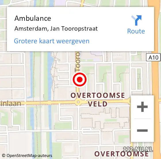 Locatie op kaart van de 112 melding: Ambulance Amsterdam, Jan Tooropstraat op 1 mei 2024 19:43