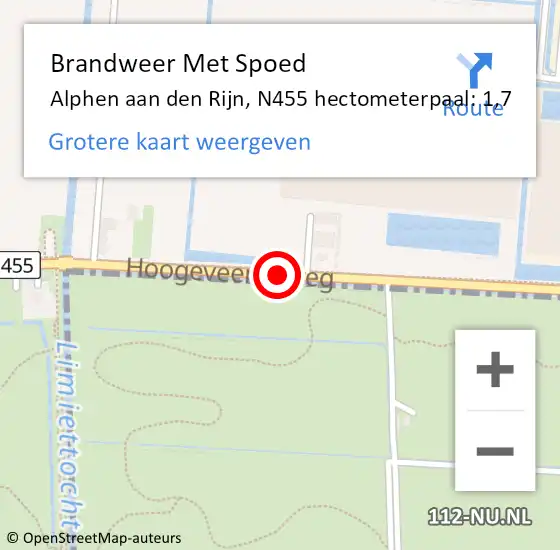 Locatie op kaart van de 112 melding: Brandweer Met Spoed Naar Alphen aan den Rijn, N455 hectometerpaal: 1,7 op 1 mei 2024 19:46