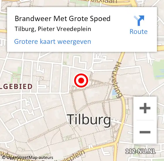 Locatie op kaart van de 112 melding: Brandweer Met Grote Spoed Naar Tilburg, Pieter Vreedeplein op 1 mei 2024 20:52