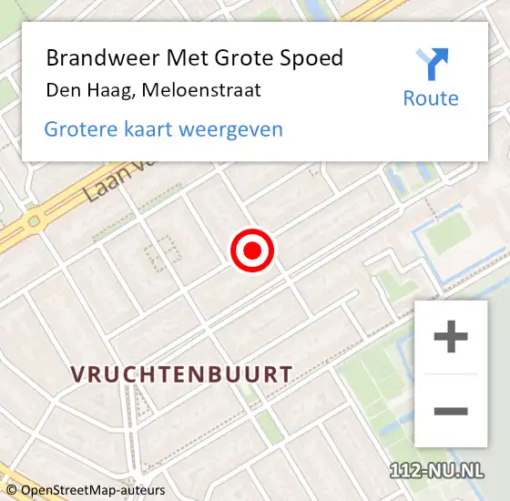 Locatie op kaart van de 112 melding: Brandweer Met Grote Spoed Naar Den Haag, Meloenstraat op 1 mei 2024 21:14