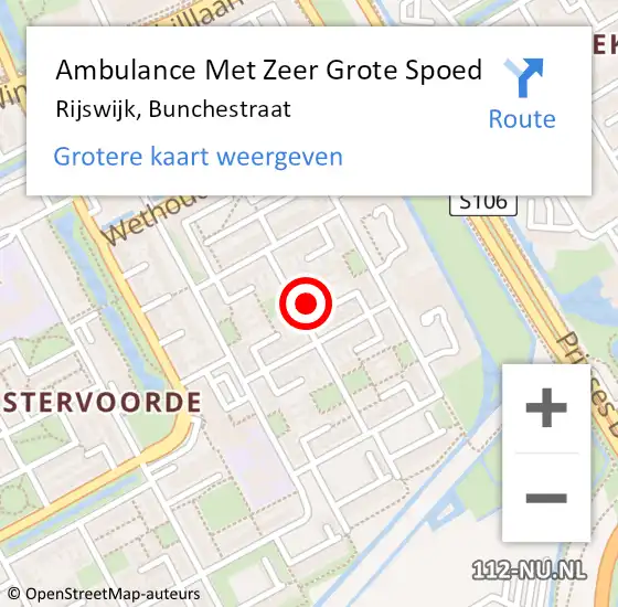 Locatie op kaart van de 112 melding: Ambulance Met Zeer Grote Spoed Naar Rijswijk, Bunchestraat op 1 mei 2024 21:51