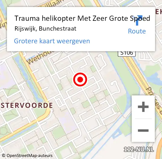 Locatie op kaart van de 112 melding: Trauma helikopter Met Zeer Grote Spoed Naar Rijswijk, Bunchestraat op 1 mei 2024 21:52