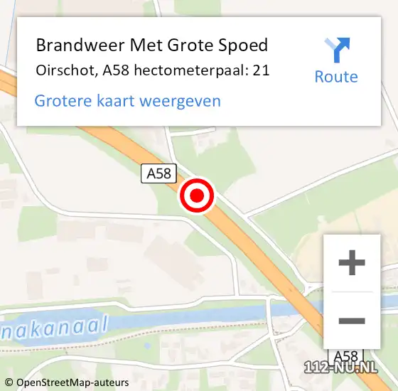 Locatie op kaart van de 112 melding: Brandweer Met Grote Spoed Naar Oirschot, A58 hectometerpaal: 21 op 1 mei 2024 22:07