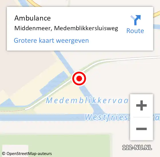Locatie op kaart van de 112 melding: Ambulance Middenmeer, Medemblikkersluisweg op 1 mei 2024 22:35