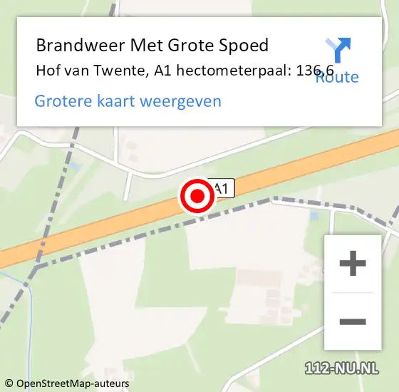 Locatie op kaart van de 112 melding: Brandweer Met Grote Spoed Naar Hof van Twente, A1 hectometerpaal: 136,6 op 2 mei 2024 00:01