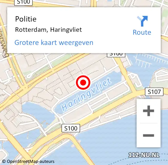 Locatie op kaart van de 112 melding: Politie Rotterdam, Haringvliet op 2 mei 2024 01:05