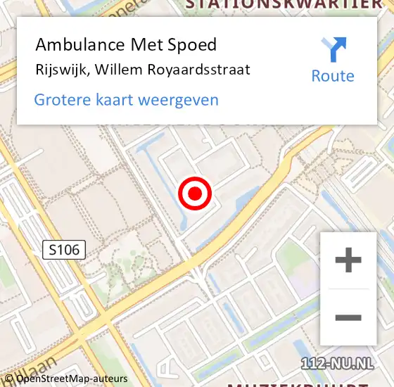 Locatie op kaart van de 112 melding: Ambulance Met Spoed Naar Rijswijk, Willem Royaardsstraat op 2 mei 2024 04:21