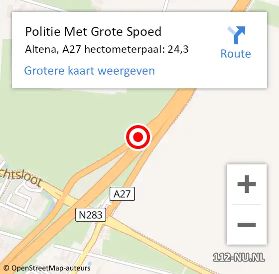 Locatie op kaart van de 112 melding: Politie Met Grote Spoed Naar Altena, A27 hectometerpaal: 24,3 op 2 mei 2024 05:17