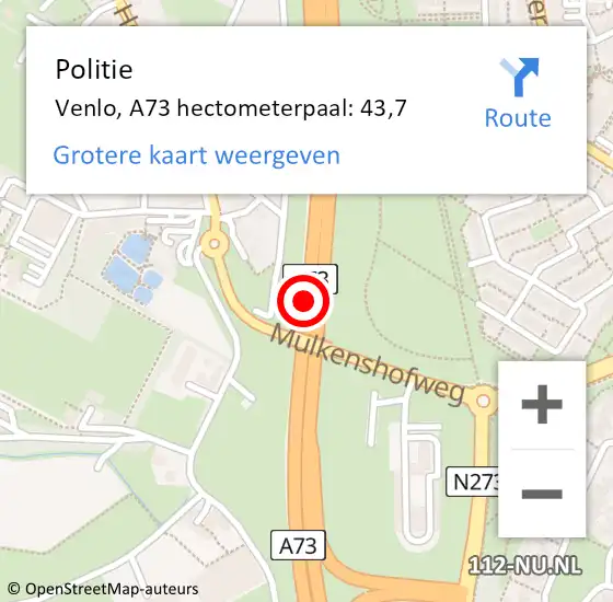 Locatie op kaart van de 112 melding: Politie Venlo, A73 hectometerpaal: 43,7 op 2 mei 2024 08:00