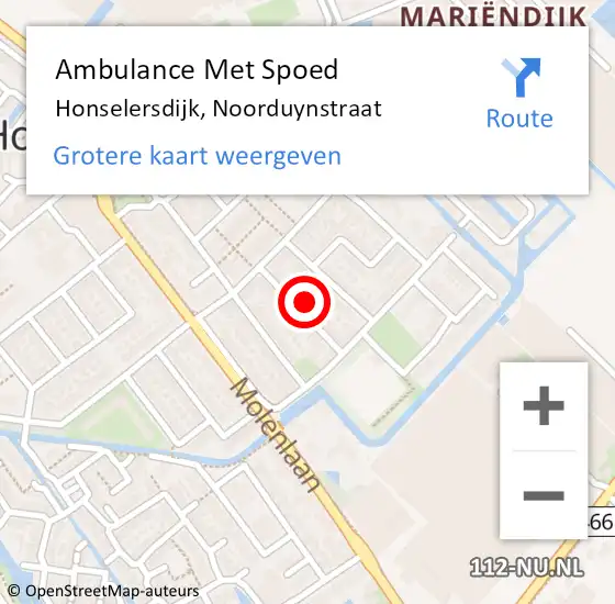 Locatie op kaart van de 112 melding: Ambulance Met Spoed Naar Honselersdijk, Noorduynstraat op 2 mei 2024 08:26