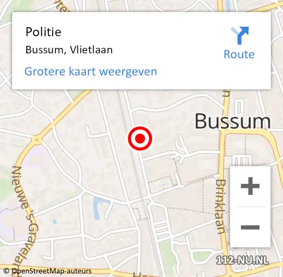 Locatie op kaart van de 112 melding: Politie Bussum, Vlietlaan op 2 mei 2024 09:56