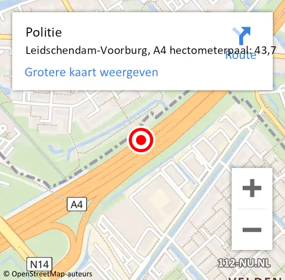 Locatie op kaart van de 112 melding: Politie Leidschendam-Voorburg, A4 hectometerpaal: 43,7 op 2 mei 2024 12:42