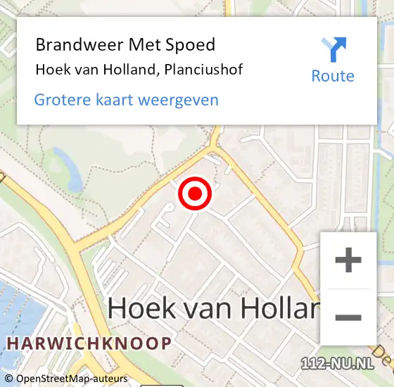 Locatie op kaart van de 112 melding: Brandweer Met Spoed Naar Hoek van Holland, Planciushof op 2 mei 2024 18:26