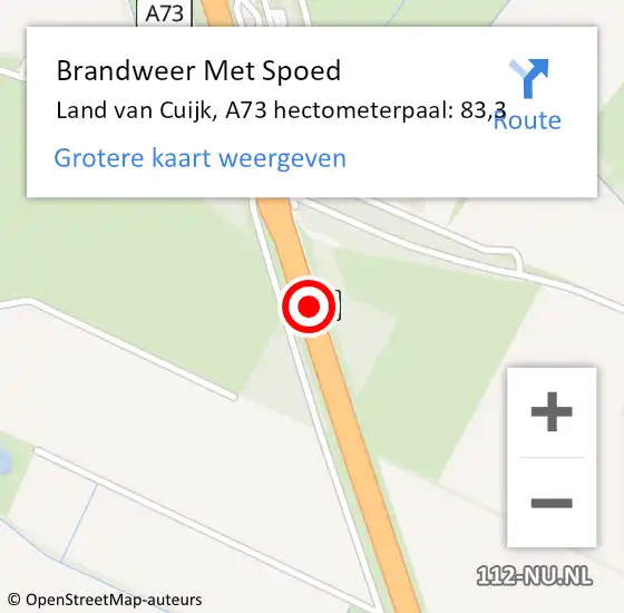 Locatie op kaart van de 112 melding: Brandweer Met Spoed Naar Land van Cuijk, A73 hectometerpaal: 83,3 op 2 mei 2024 18:54