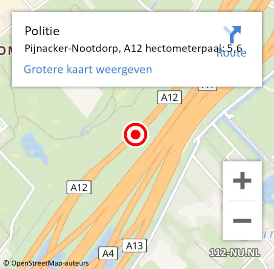 Locatie op kaart van de 112 melding: Politie Pijnacker-Nootdorp, A12 hectometerpaal: 5,6 op 2 mei 2024 18:56