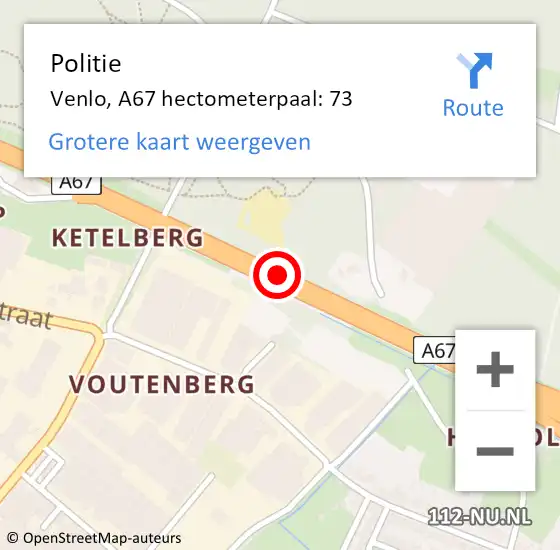Locatie op kaart van de 112 melding: Politie Venlo, A67 hectometerpaal: 73 op 2 mei 2024 19:11