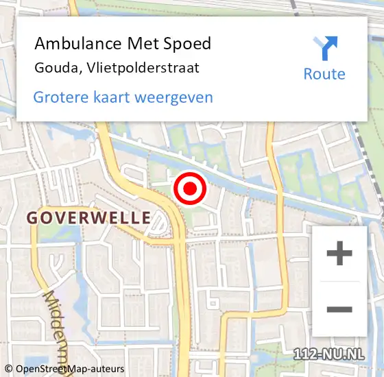 Locatie op kaart van de 112 melding: Ambulance Met Spoed Naar Gouda, Vlietpolderstraat op 2 mei 2024 22:10