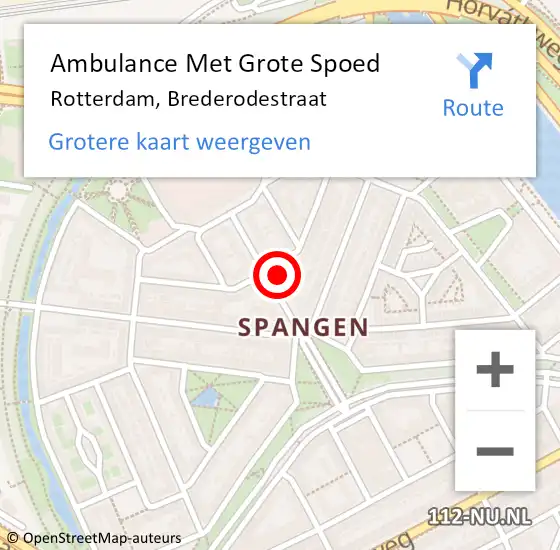 Locatie op kaart van de 112 melding: Ambulance Met Grote Spoed Naar Rotterdam, Brederodestraat op 2 mei 2024 22:30