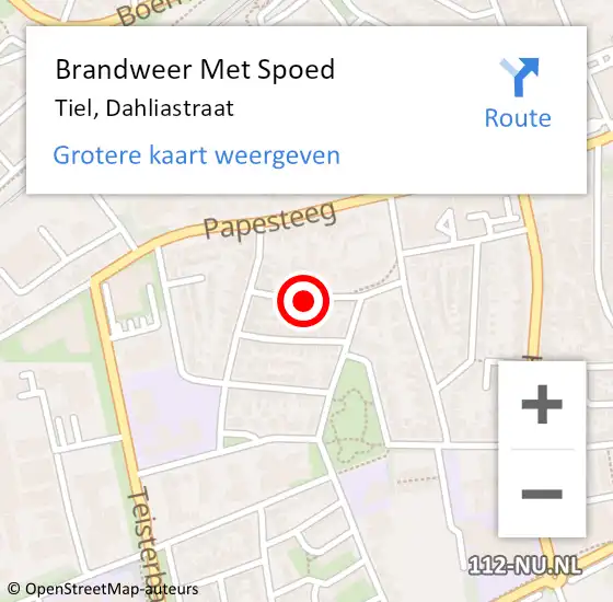 Locatie op kaart van de 112 melding: Brandweer Met Spoed Naar Tiel, Dahliastraat op 3 mei 2024 00:08