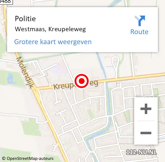 Locatie op kaart van de 112 melding: Politie Westmaas, Kreupeleweg op 3 mei 2024 05:33