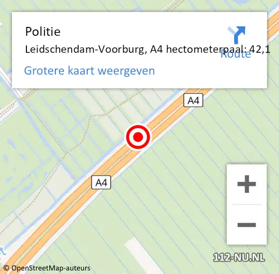 Locatie op kaart van de 112 melding: Politie Leidschendam-Voorburg, A4 hectometerpaal: 42,1 op 3 mei 2024 09:59