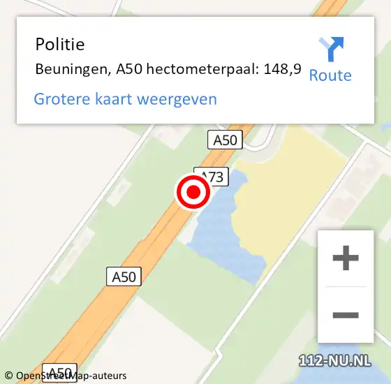Locatie op kaart van de 112 melding: Politie Beuningen, A50 hectometerpaal: 148,9 op 3 mei 2024 10:42