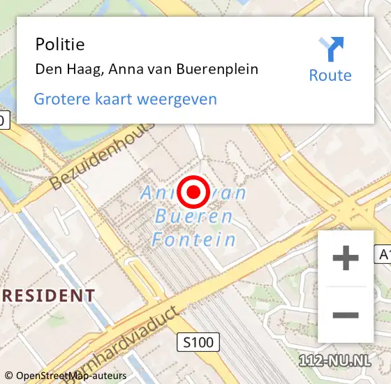 Locatie op kaart van de 112 melding: Politie Den Haag, Anna van Buerenplein op 3 mei 2024 13:35