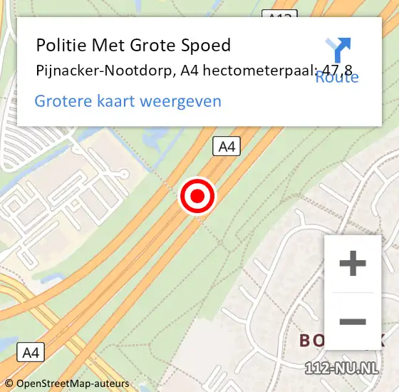 Locatie op kaart van de 112 melding: Politie Met Grote Spoed Naar Pijnacker-Nootdorp, A4 hectometerpaal: 47,8 op 3 mei 2024 15:55