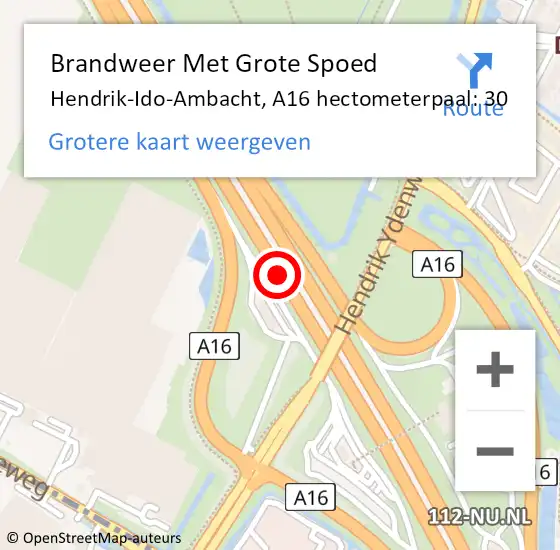 Locatie op kaart van de 112 melding: Brandweer Met Grote Spoed Naar Hendrik-Ido-Ambacht, A16 hectometerpaal: 30 op 3 mei 2024 16:00