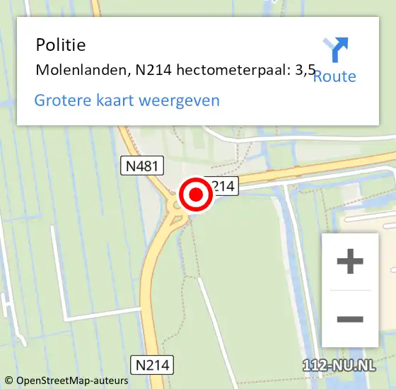 Locatie op kaart van de 112 melding: Politie Molenlanden, N214 hectometerpaal: 3,5 op 3 mei 2024 16:01