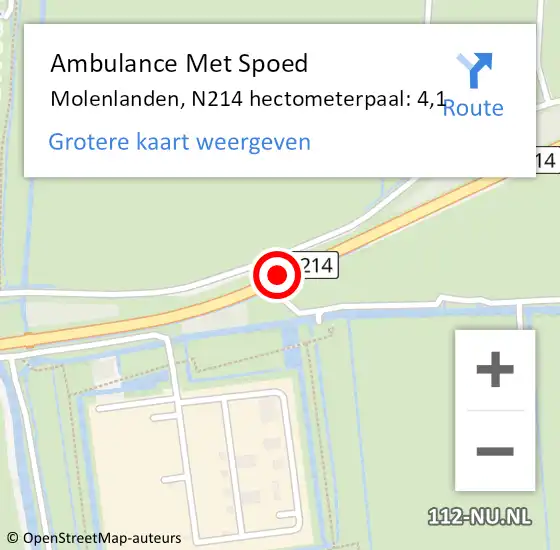 Locatie op kaart van de 112 melding: Ambulance Met Spoed Naar Molenlanden, N214 hectometerpaal: 4,1 op 3 mei 2024 16:03